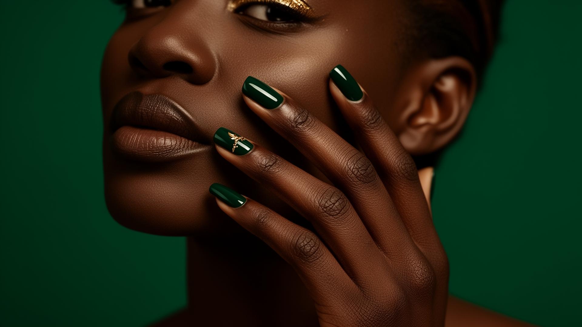 Glossy emerald gel manicure with subtle gold accent